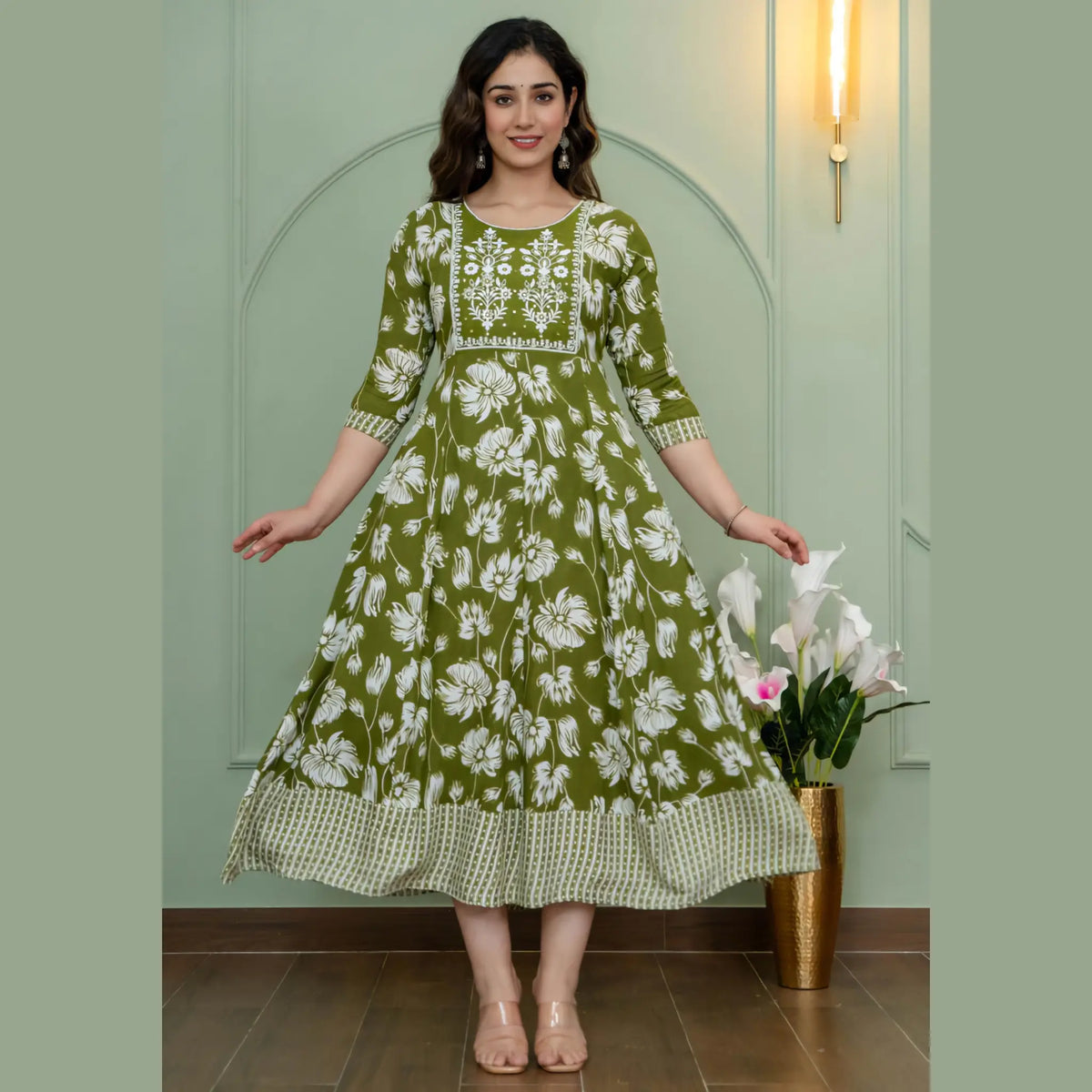 Olive Green Floral Printed Anarkali Kurti for Women | Elegant Ethnic Wear