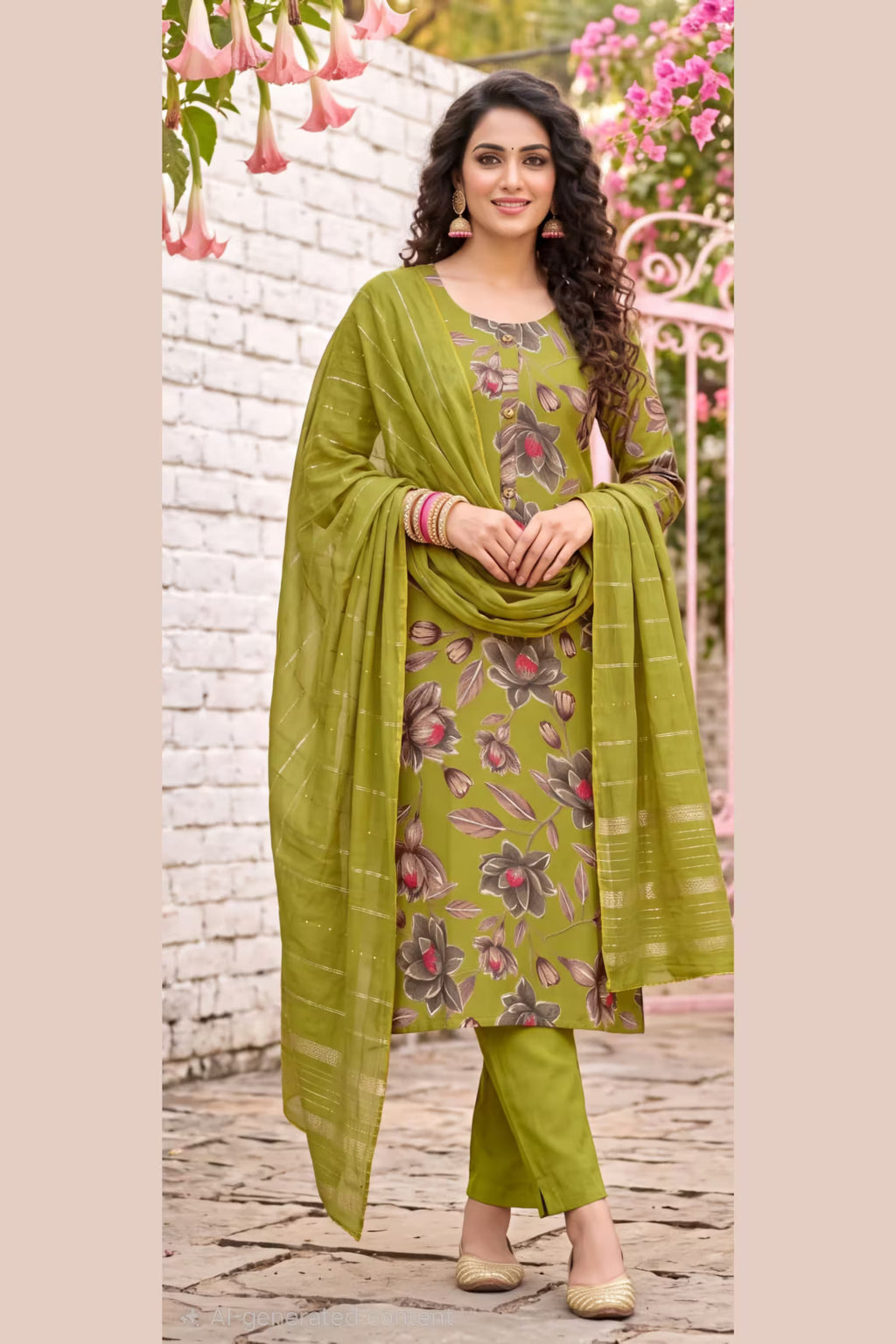 Olive Green Floral Printed Kurta Pant Dupatta Set for Women | Bavis Clothing