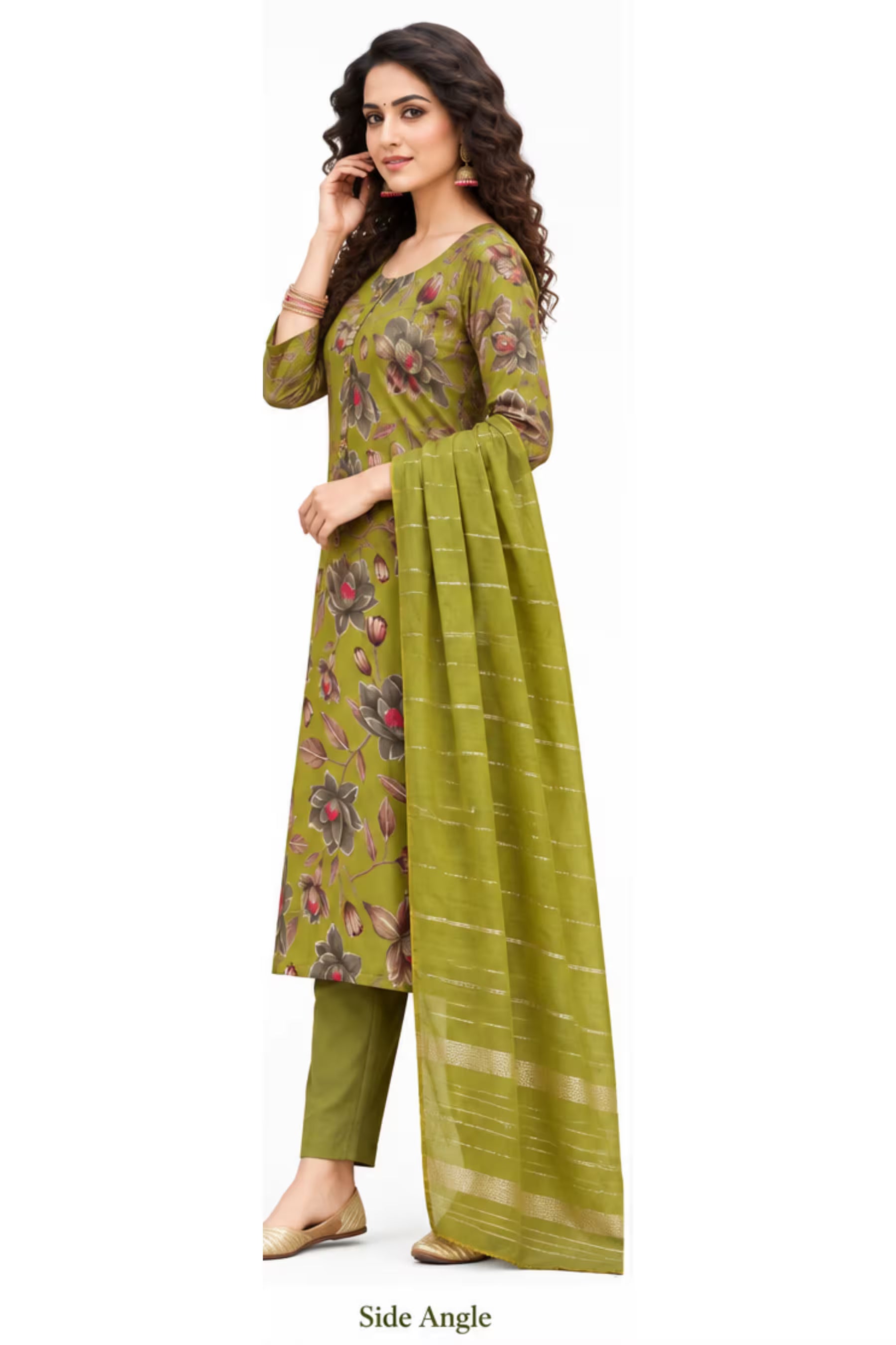 Olive Green Floral Printed Kurta Pant Dupatta Set for Women Secondary image