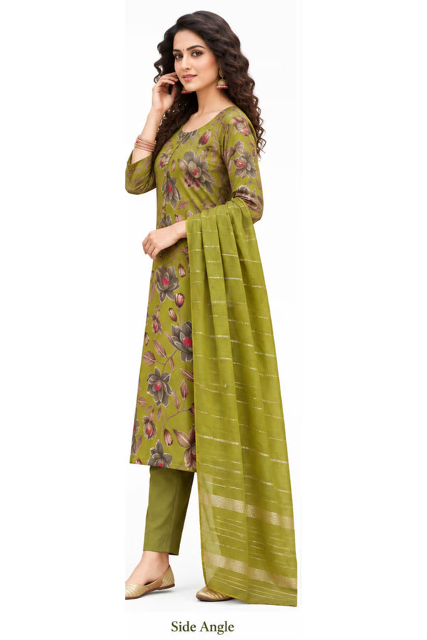 Side Angle - Olive Green Floral Printed Kurta Pant Dupatta Set for Women | Bavis Clothing
