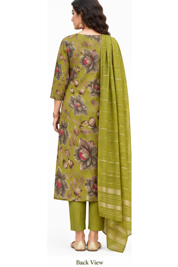 Back view - Olive Green Floral Printed Kurta Pant Dupatta Set for Women | Bavis Clothing