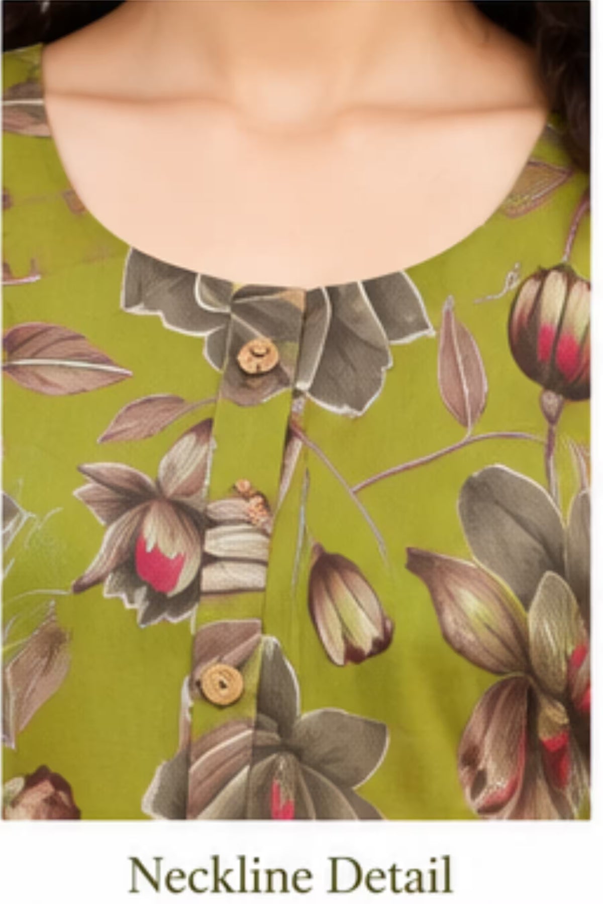 Neckline Detail - Olive Green Floral Printed Kurta Pant Dupatta Set for Women | Bavis Clothing