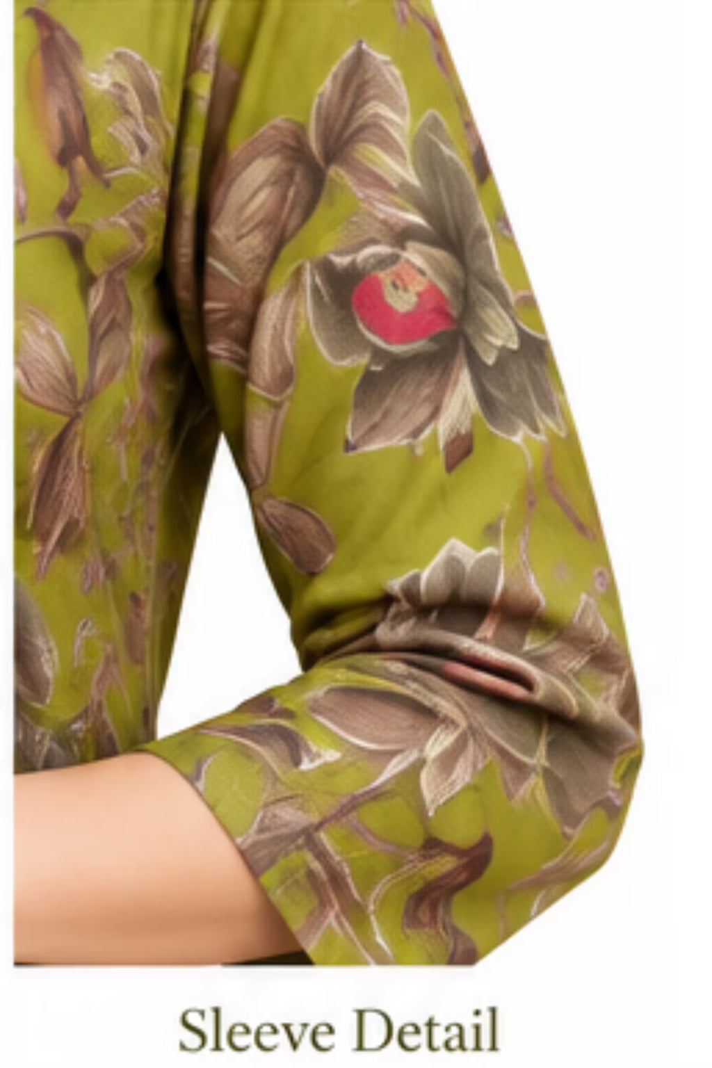 Sleeve detail - Olive Green Floral Printed Kurta Pant Dupatta Set for Women | Bavis Clothing