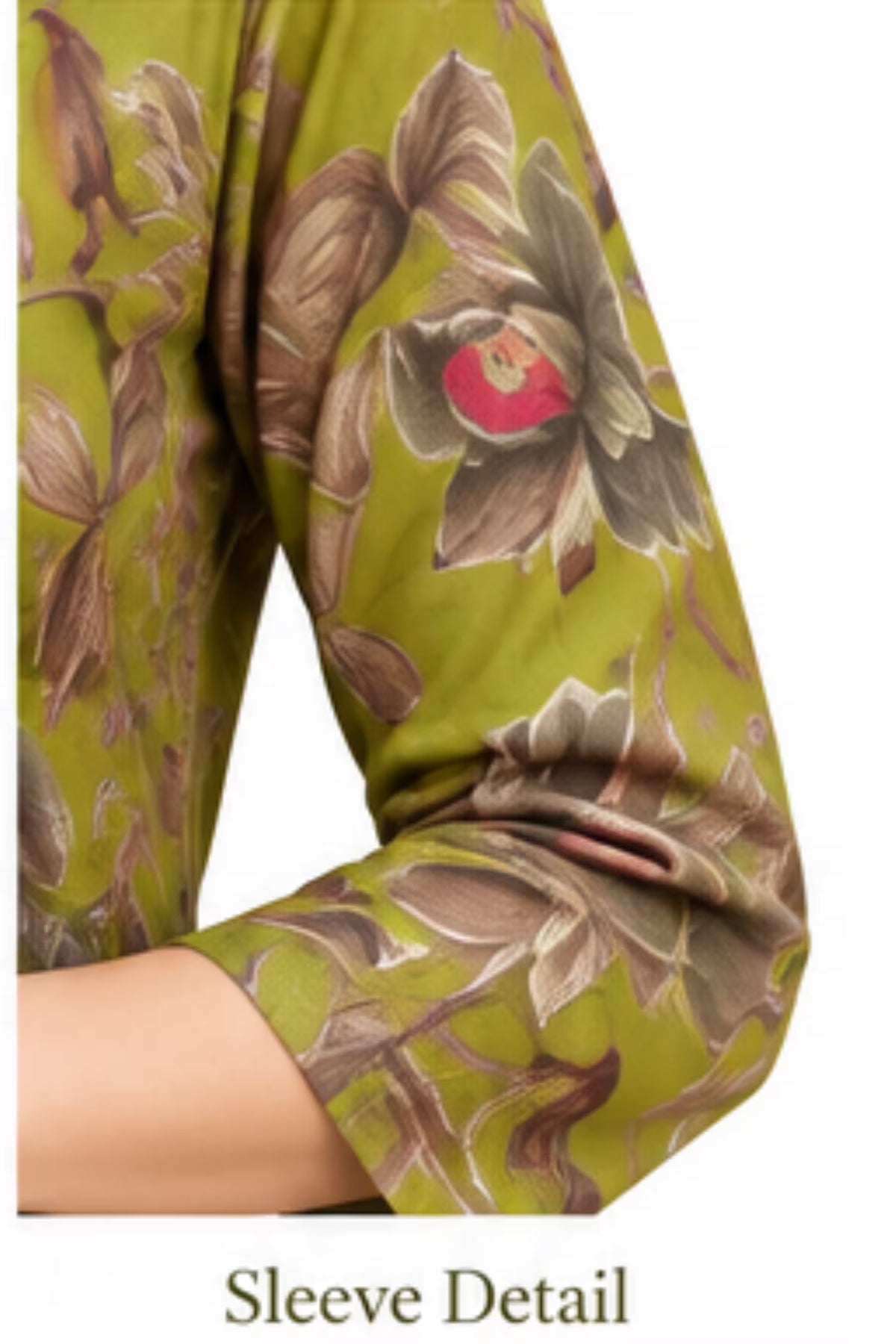 Sleeve detail - Olive Green Floral Printed Kurta Pant Dupatta Set for Women | Bavis Clothing