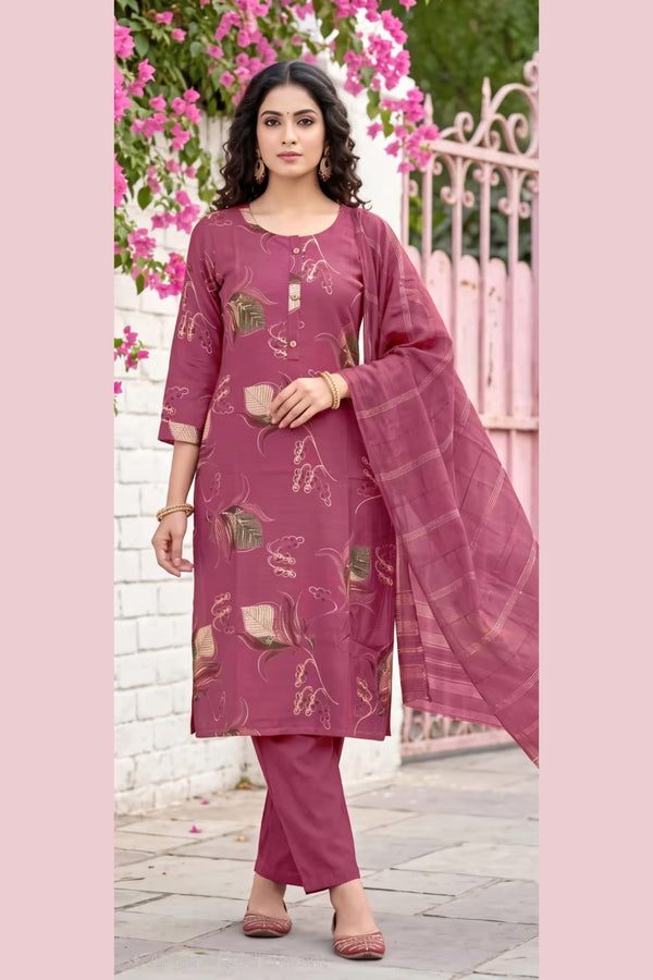 Onion Pink Printed Kurta Pant Dupatta Set for Women | Bavis Clothing