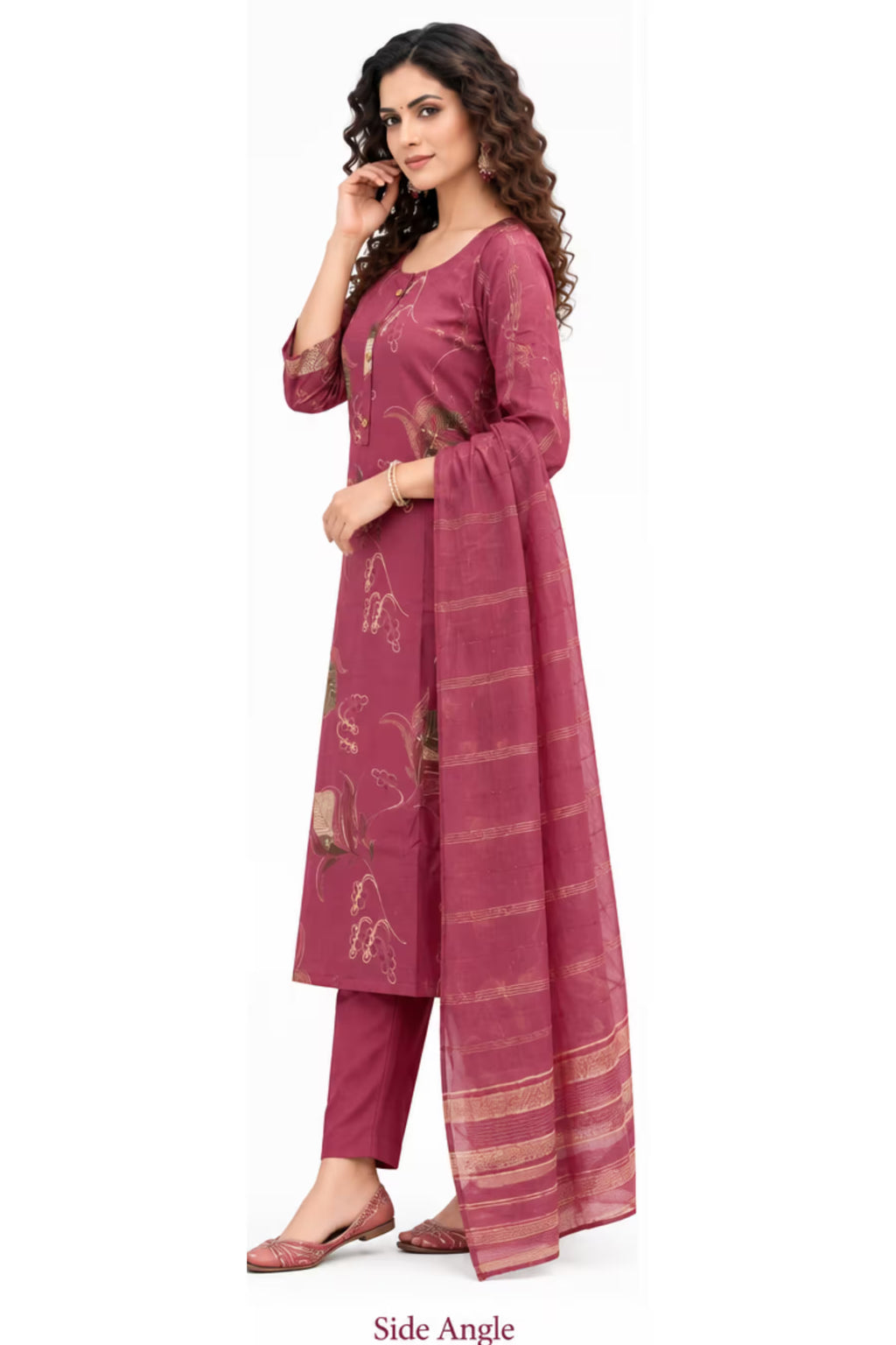Side Angle - Onion Pink Printed Kurta Pant Dupatta Set for Women | Bavis Clothing