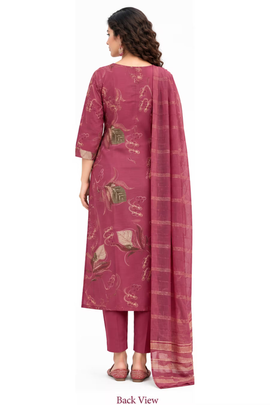 Back View - Onion Pink Printed Kurta Pant Dupatta Set for Women | Bavis Clothing