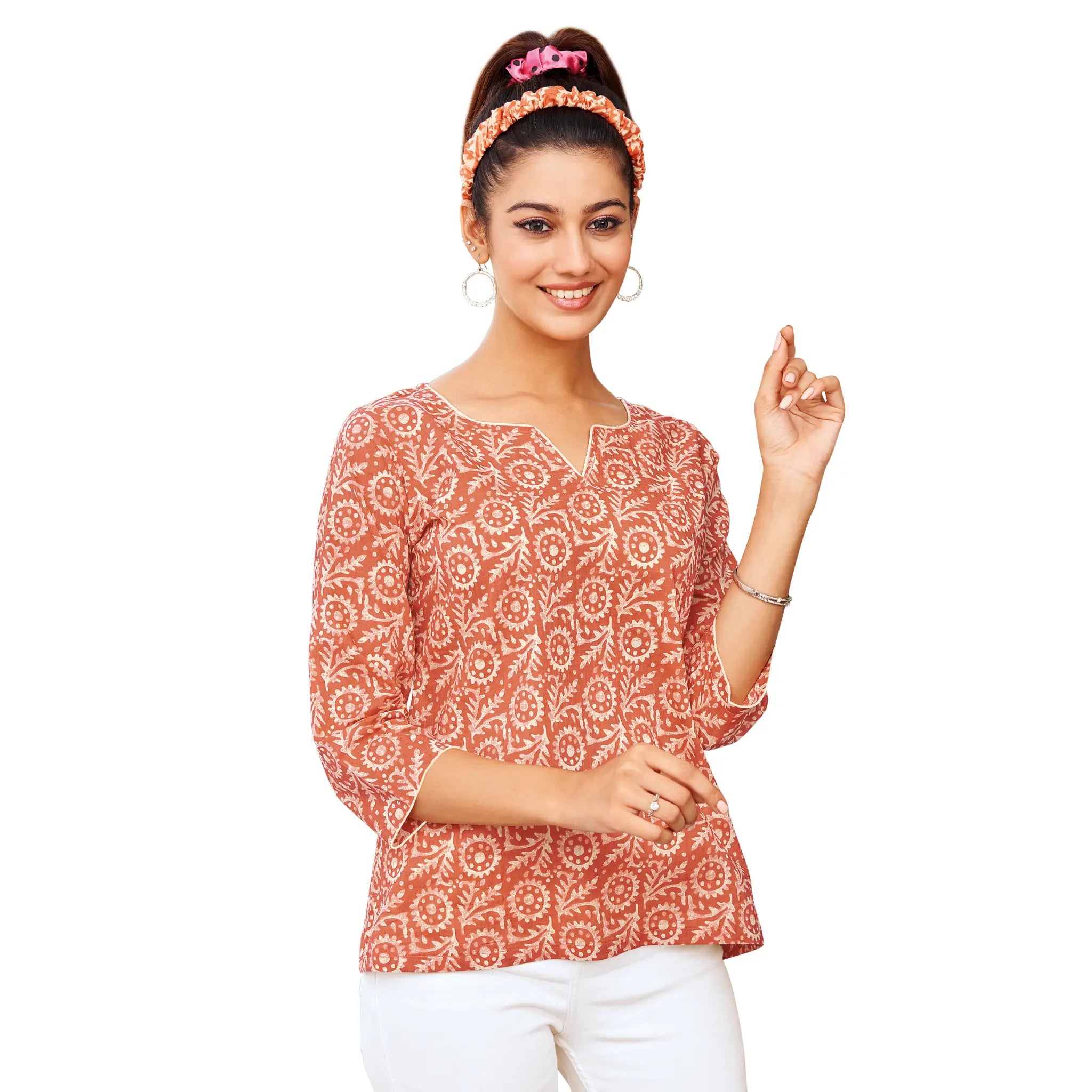 Pastel Red Batik Printed Cotton Short Tops Main image