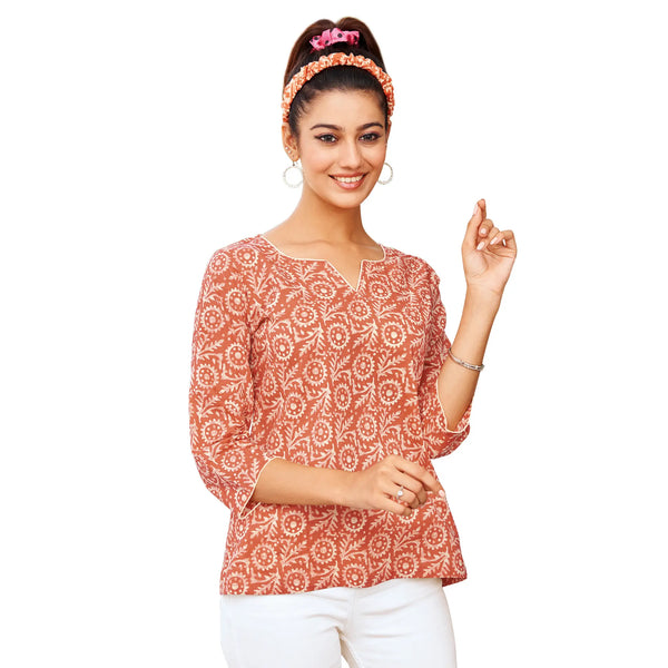 Pastel Red Batik Printed Cotton Short Tops