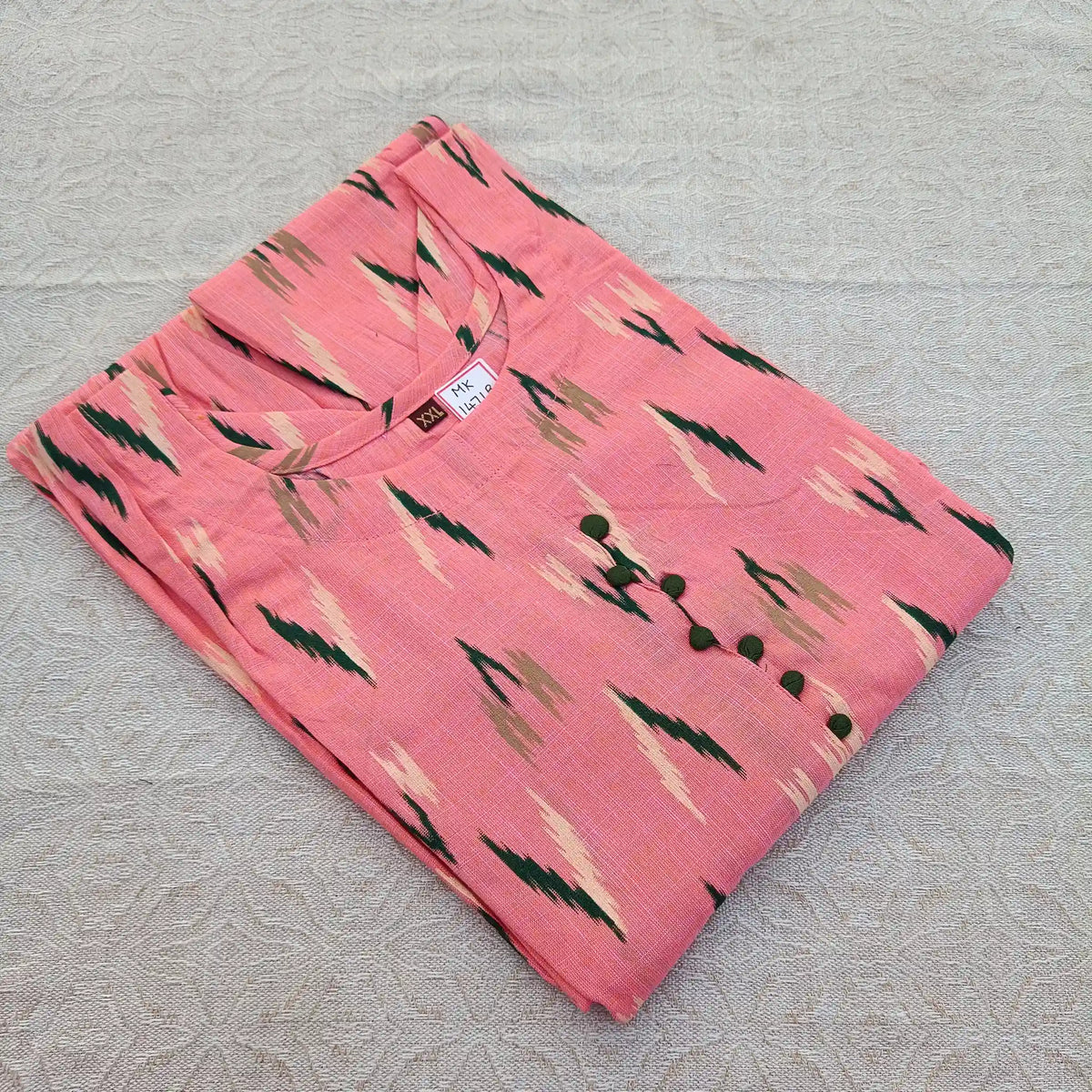Peach Ikkat Print with Potli Button Long Ghera Kurti Main image
