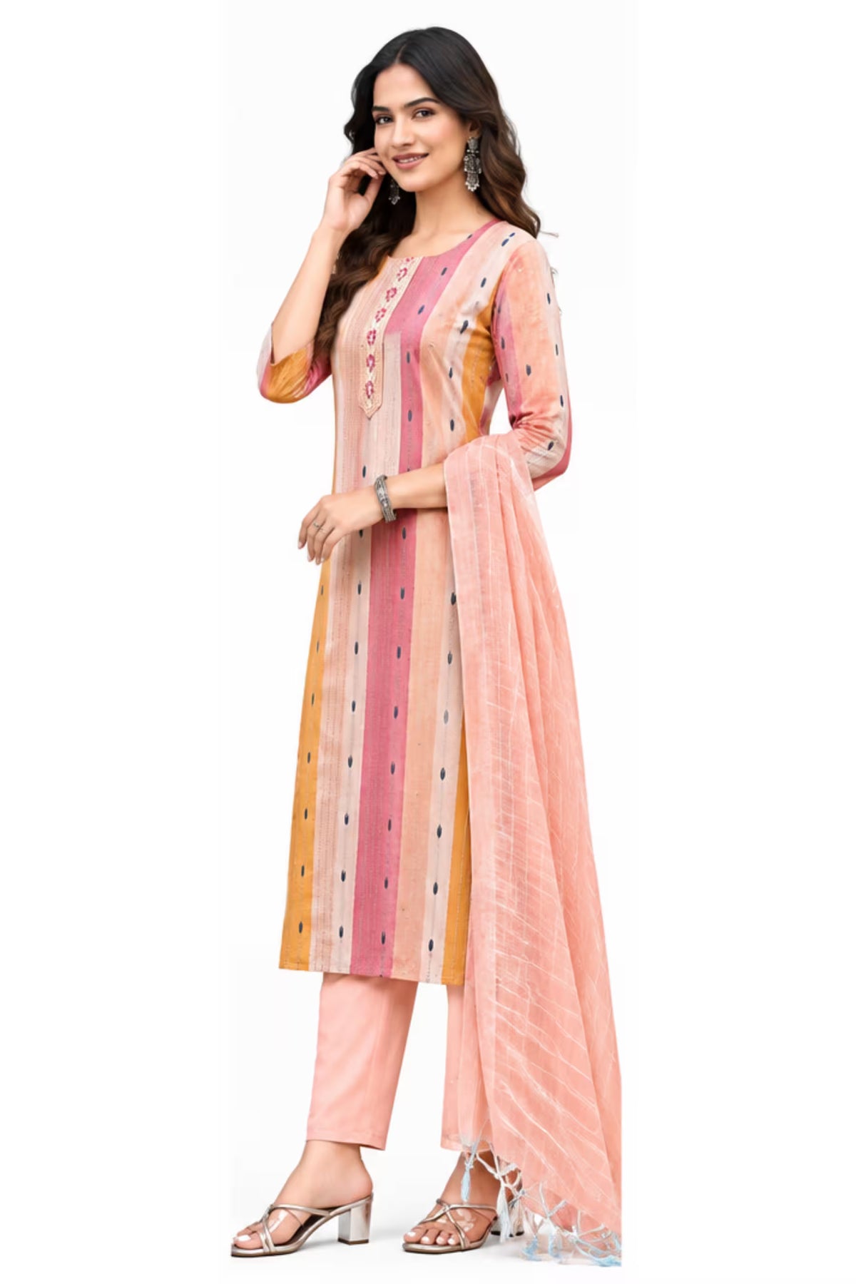 Side View - Peach Pink Cotton Kurta Pant Set with Dupatta | Bavis Clothing
