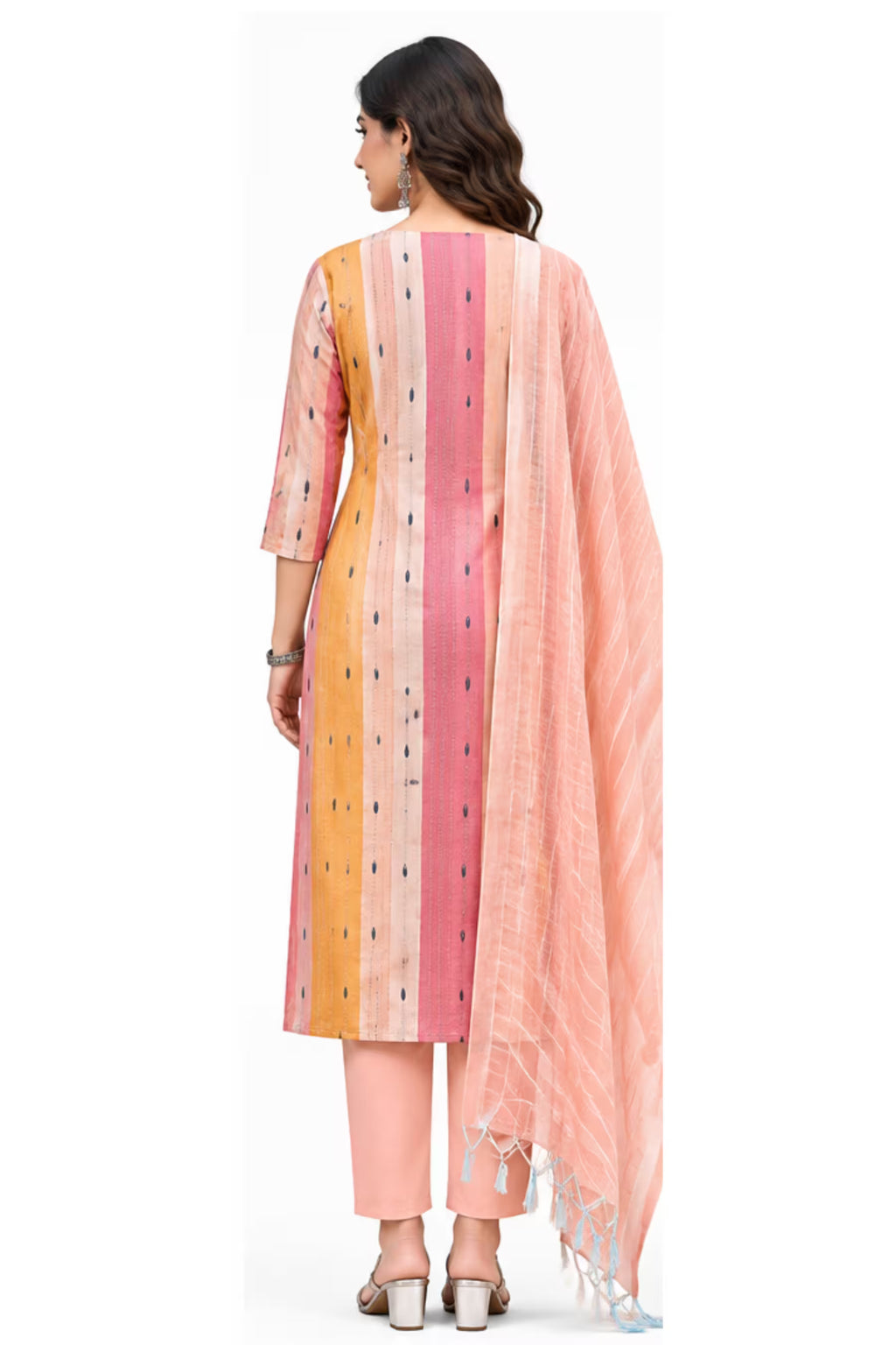 Back View - Peach Pink Cotton Kurta Pant Set with Dupatta | Bavis Clothing