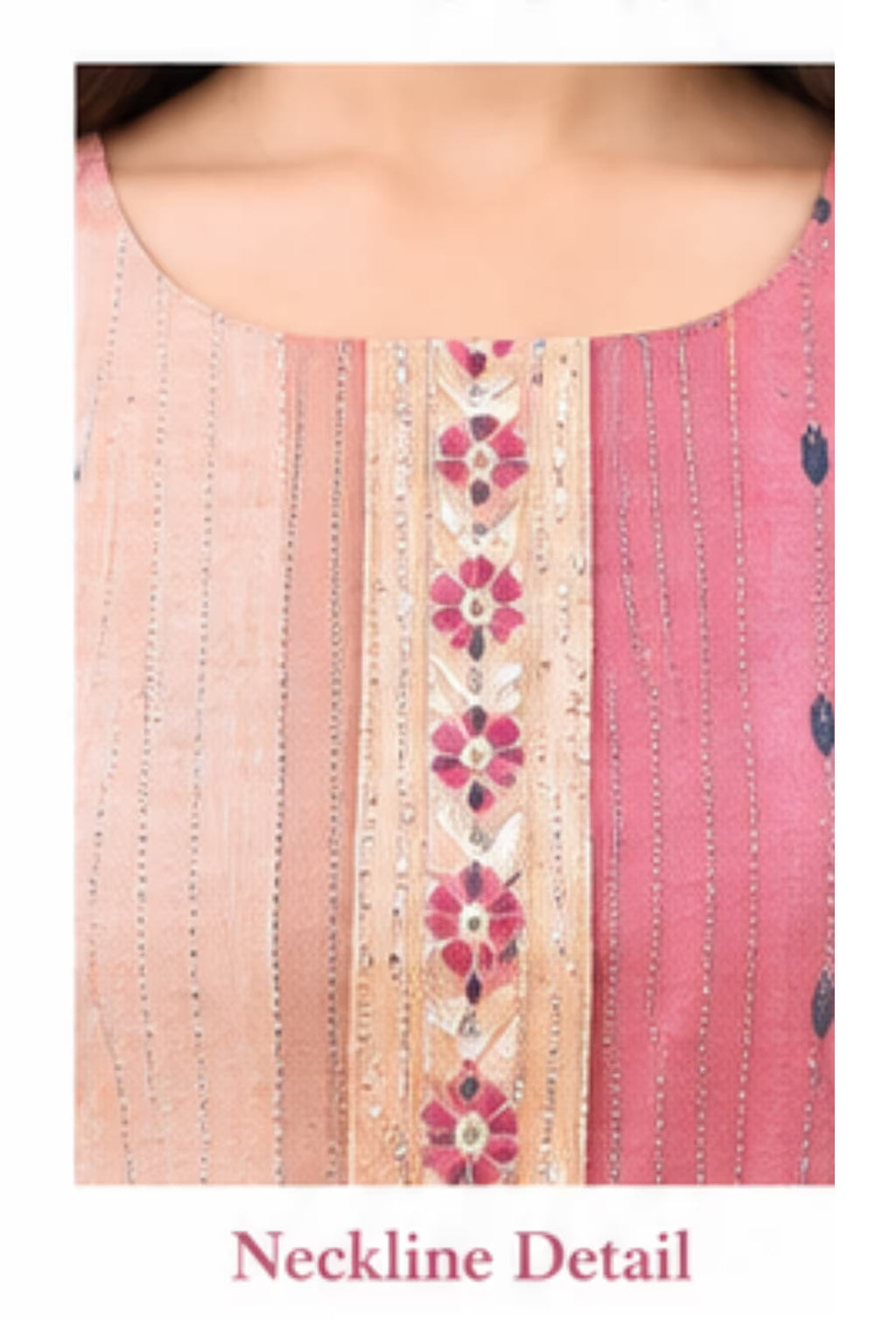 Neckline Detail - Peach Pink Cotton Kurta Pant Set with Dupatta | Bavis Clothing