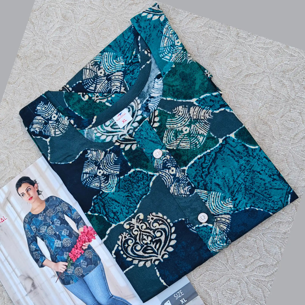 Peacock Blue Rayon Short tops with Fancy Button Main image