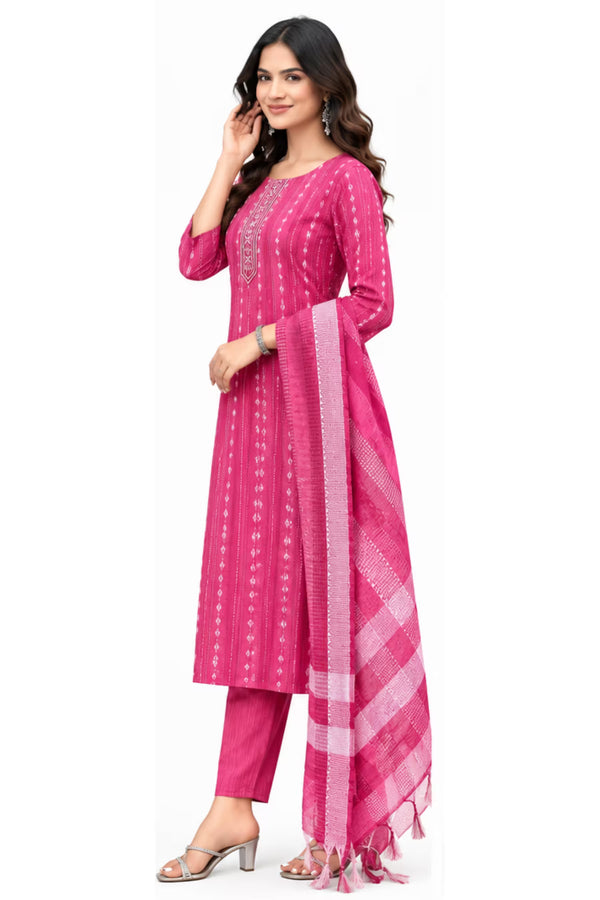 Side View - Pink Cotton Straight Kurta Pant Set with Dupatta | Bavis Clothing