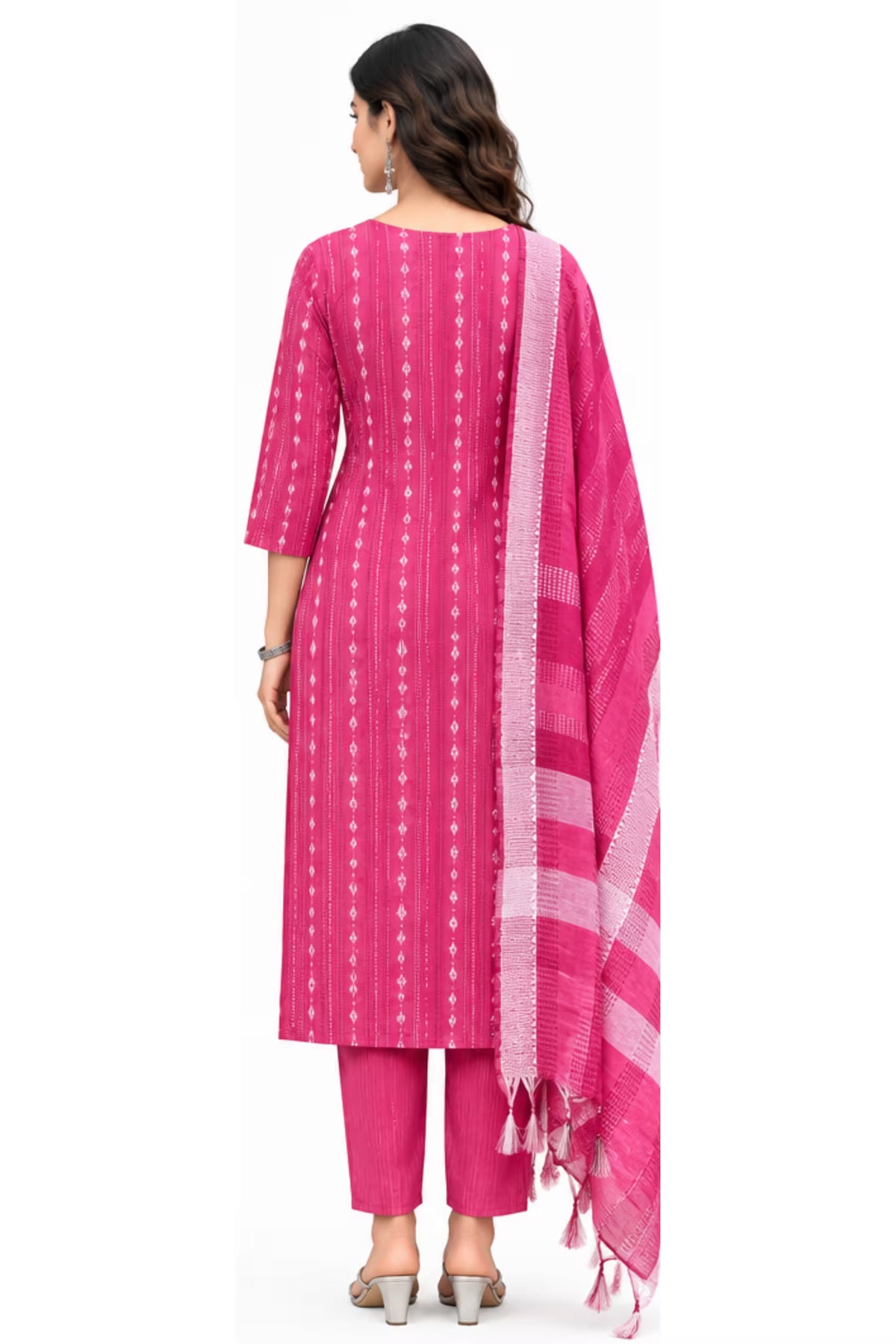 Back View - Pink Cotton Straight Kurta Pant Set with Dupatta | Bavis Clothing