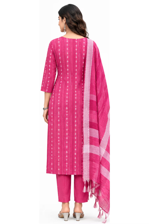 Back View - Pink Cotton Straight Kurta Pant Set with Dupatta | Bavis Clothing