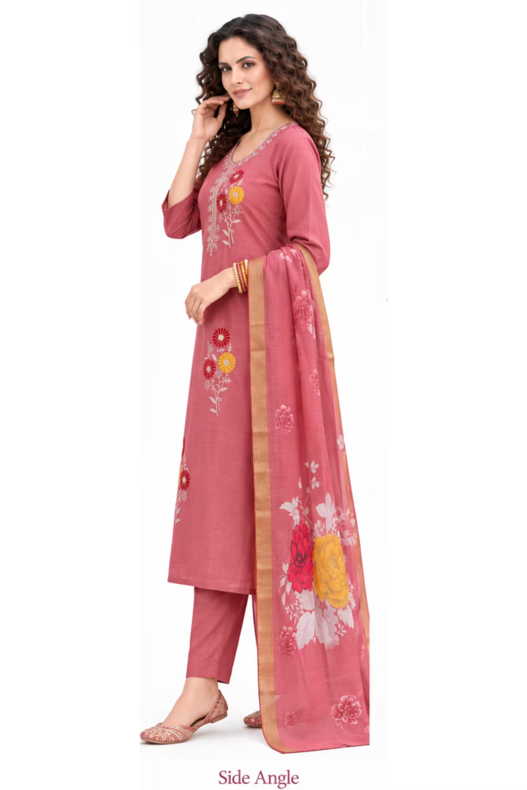 Side View- Dusty Rose Embroidered Vertican Silk Kurta Pant Dupatta Set for Women | Bavis Clothing