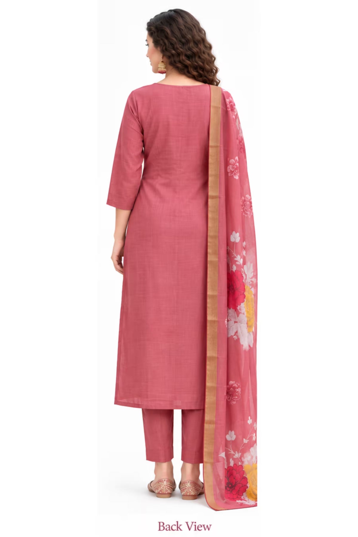 Back View - Dusty Rose Embroidered Vertican Silk Kurta Pant Dupatta Set for Women | Bavis Clothing