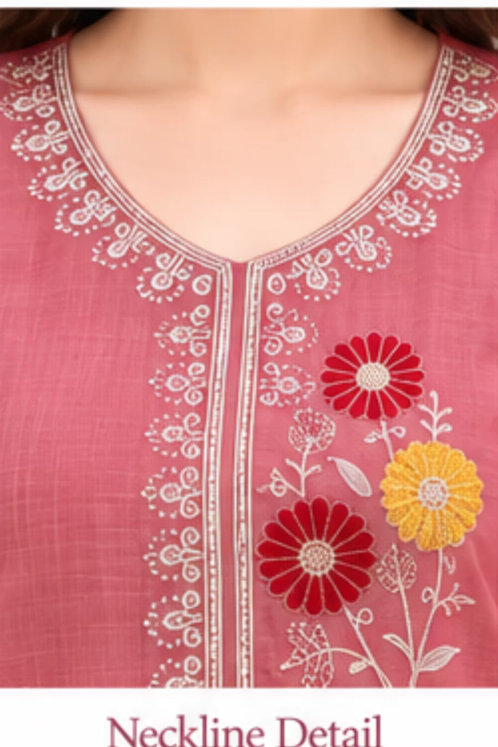 Neckline Detail - Dusty Rose Embroidered Vertican Silk Kurta Pant Dupatta Set for Women | Bavis Clothing