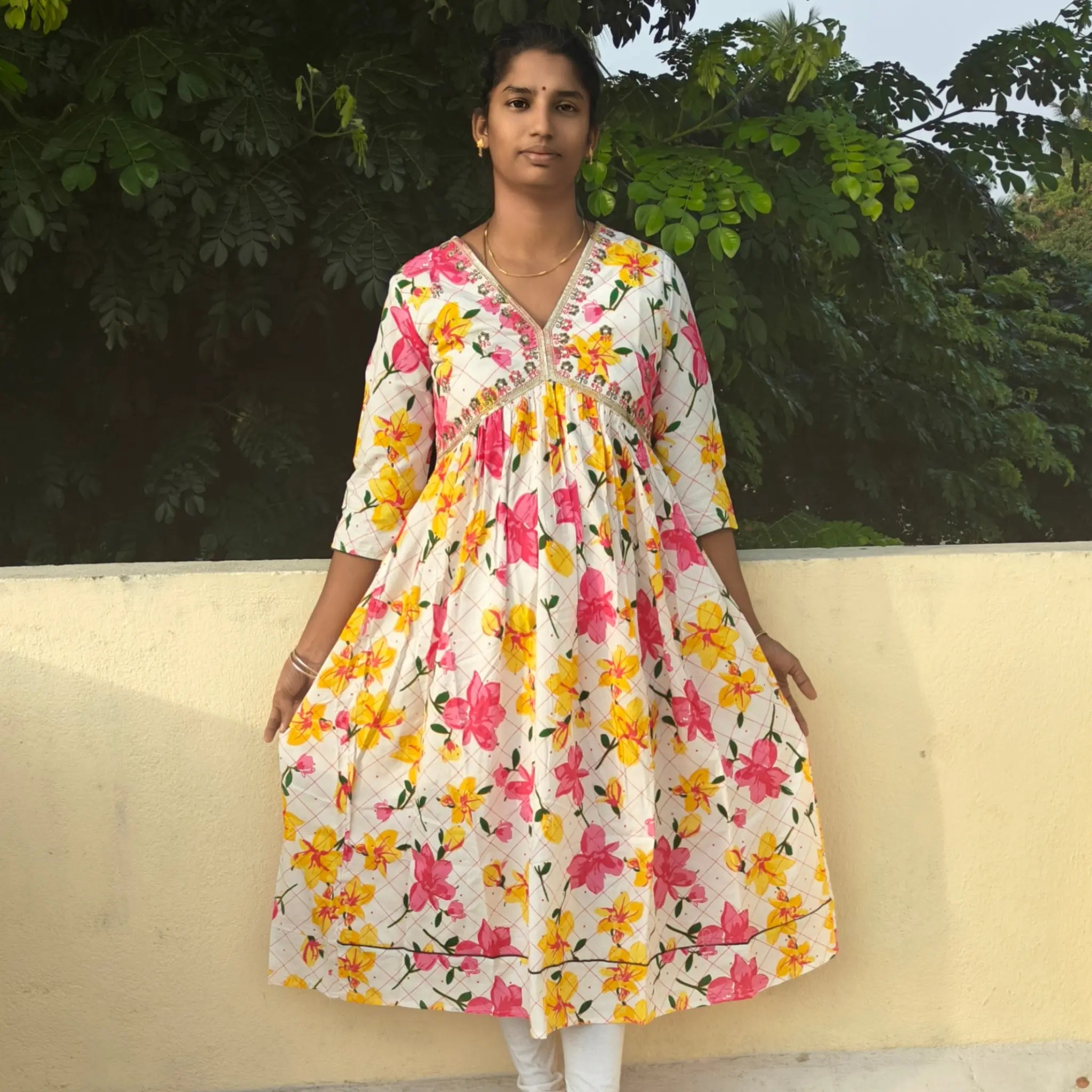 Pink Floral Print Alaya Cut Full Long Flared Kurti 523B Main image