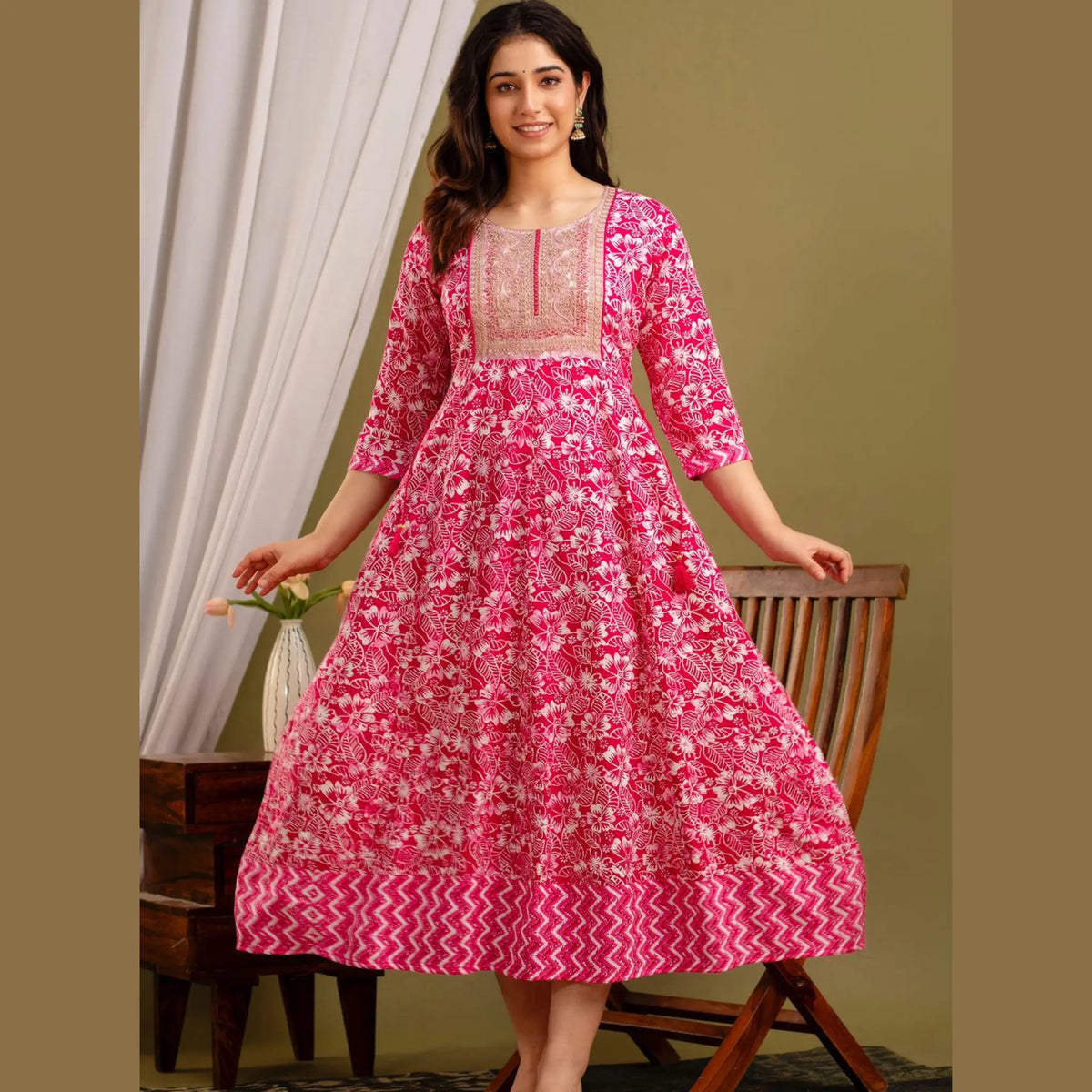 Pink Floral Print Full Flared Kurti 438B