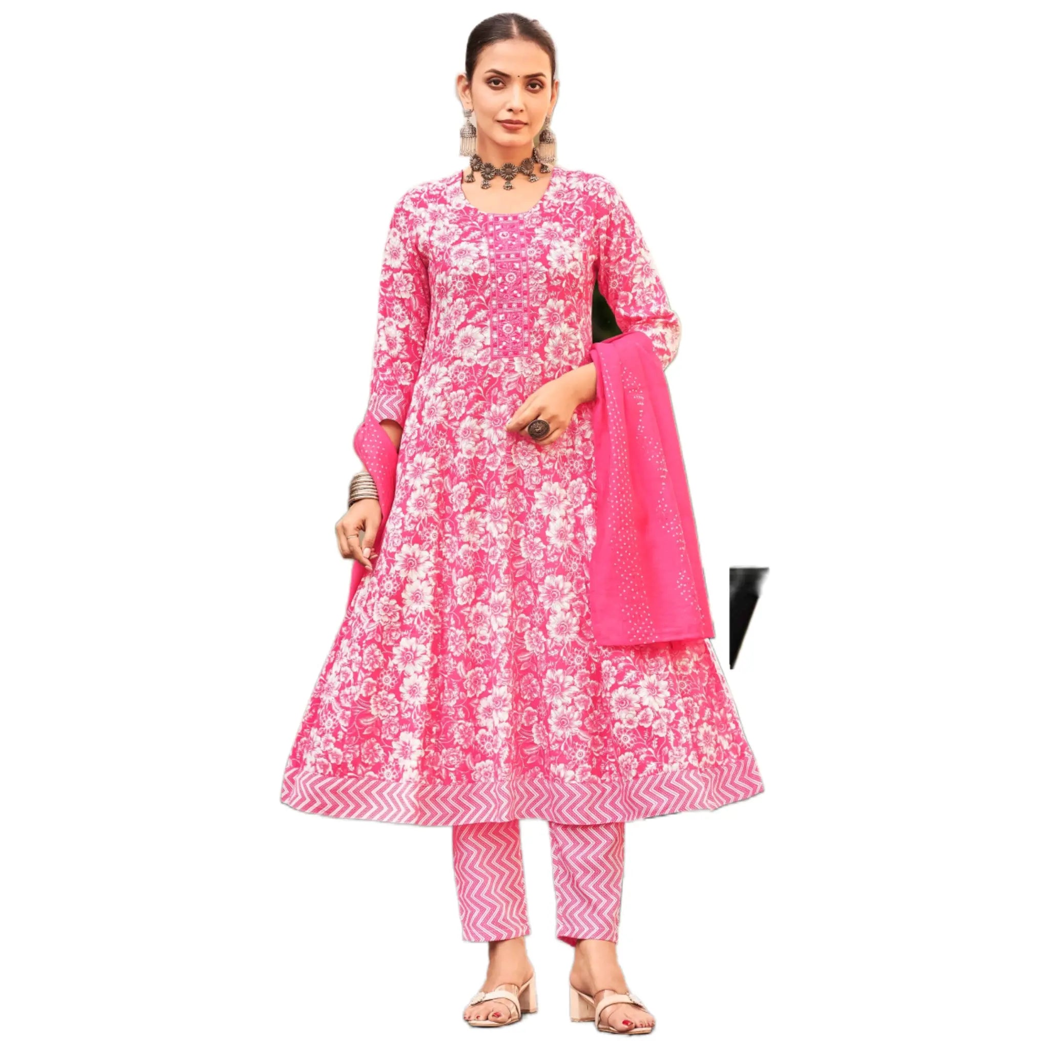 Pink Floral Printed Anarkali Suit with Embroidered Neck & Fancy Dupatta