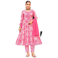 Pink Floral Printed Anarkali Suit with Embroidered Neck & Fancy Dupatta