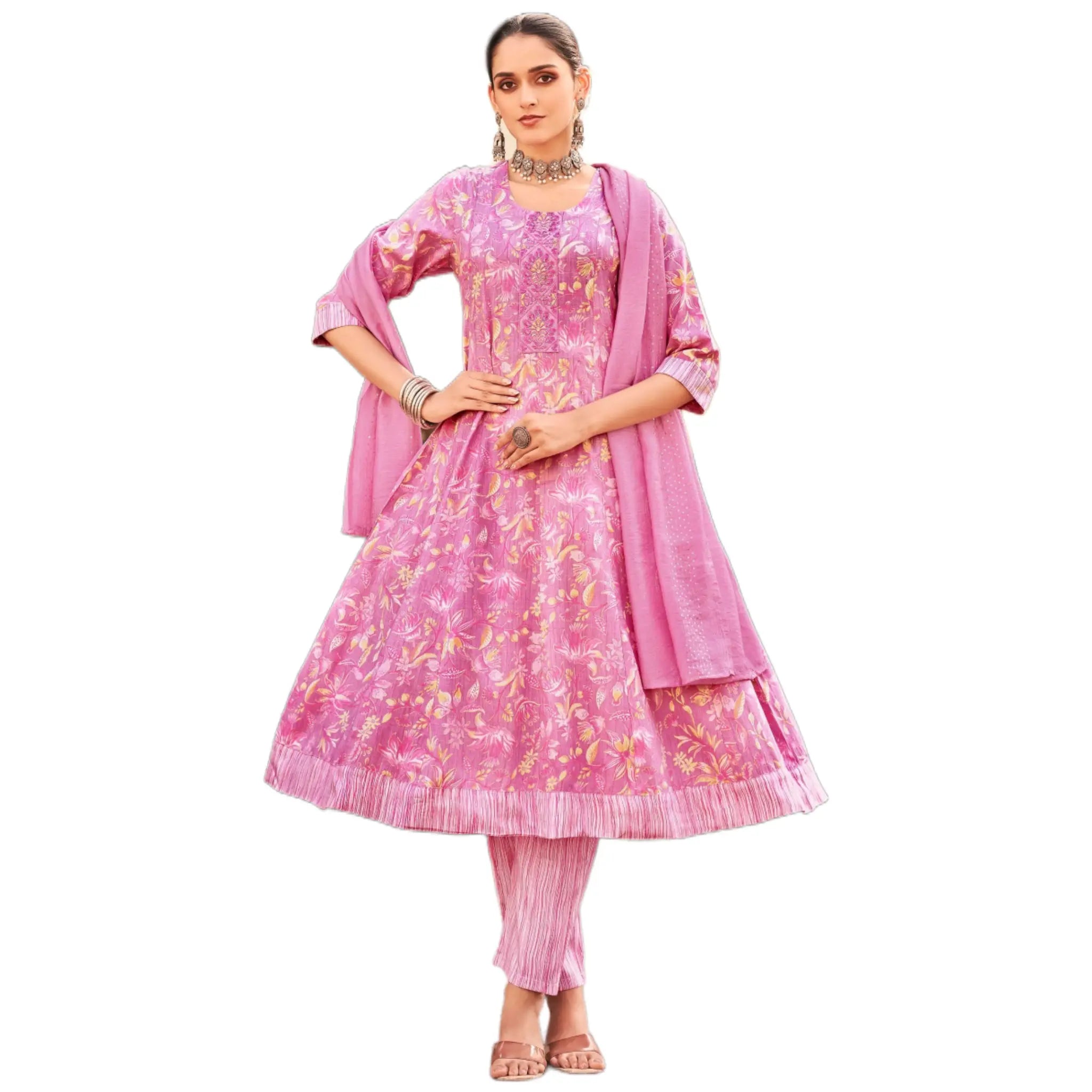 Pink Floral Printed Anarkali Suit with Embroidered Neck & Sequence Work Dupatta - Geetanjali - GG224