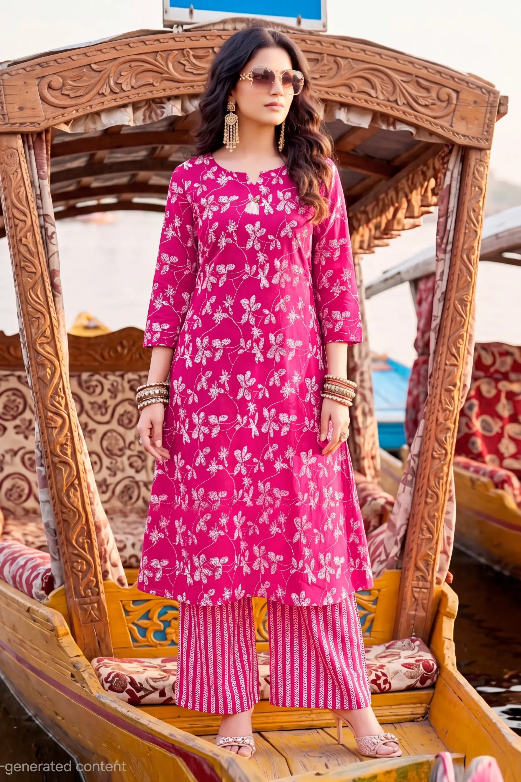 Pink Floral Printed Heavy Rayon Kurta Set with Striped Pants Main image