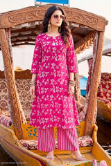 Pink Floral Printed Heavy Rayon Kurta Set with Striped Pants