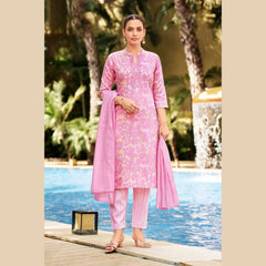 Pink Floral Printed Salwar Suit with Embroidered Neck & Sequence Work Dupatta  - Rashmika - GR267