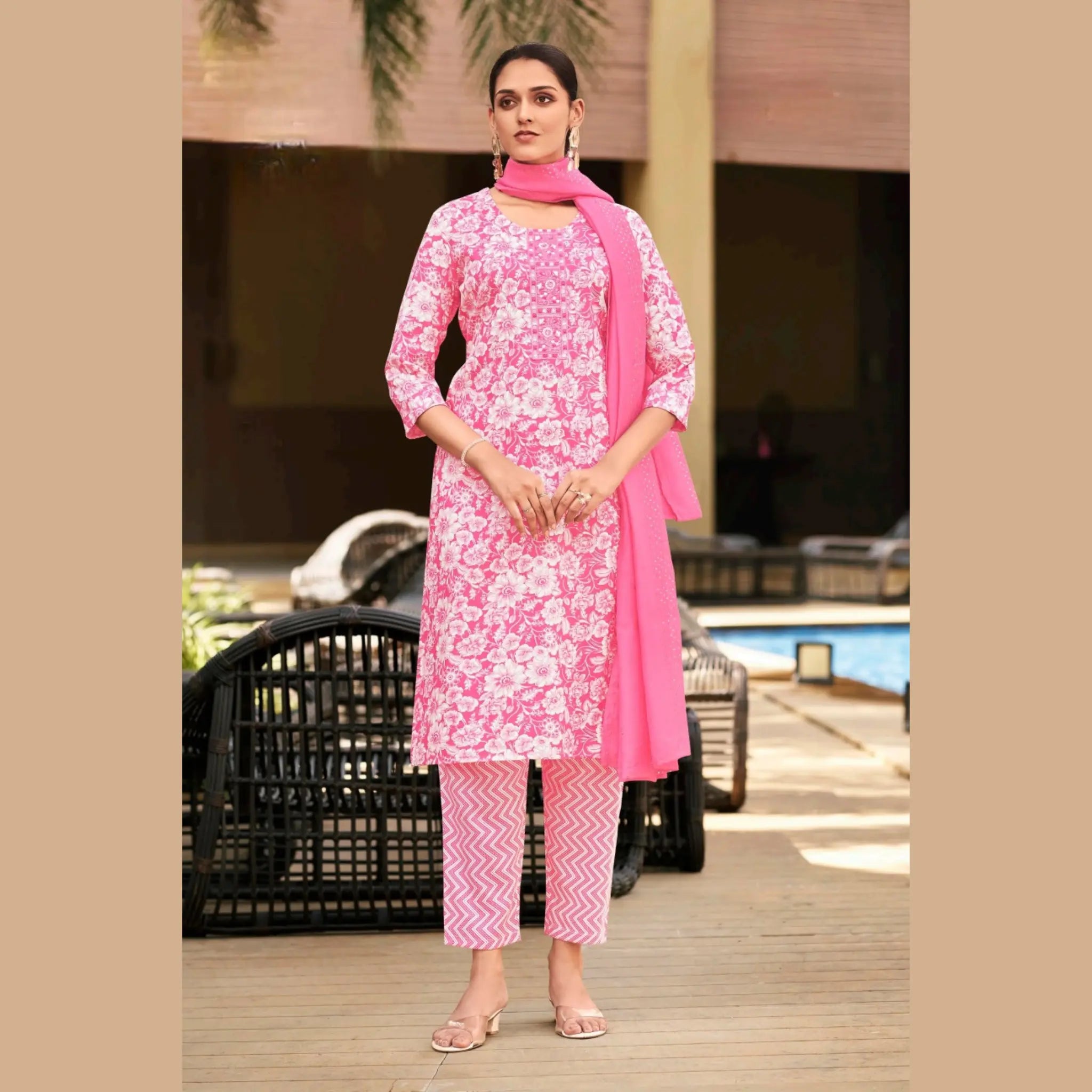 Pink Floral Printed Salwar Suit with Embroidered Neck & Sequence Work Dupatta   - Rashmika - GR270 Main image