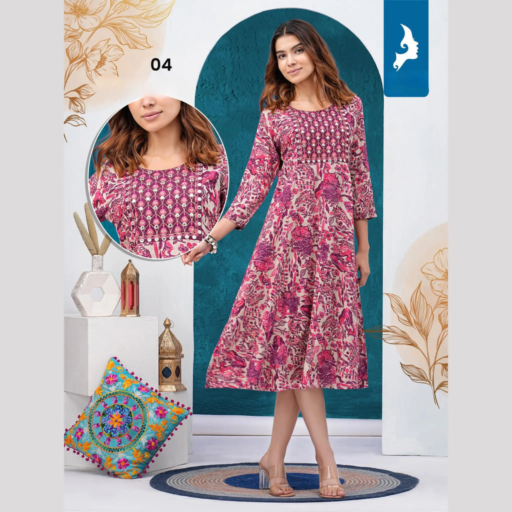 Pink Floral Reuyon Print Umbrella Kurti