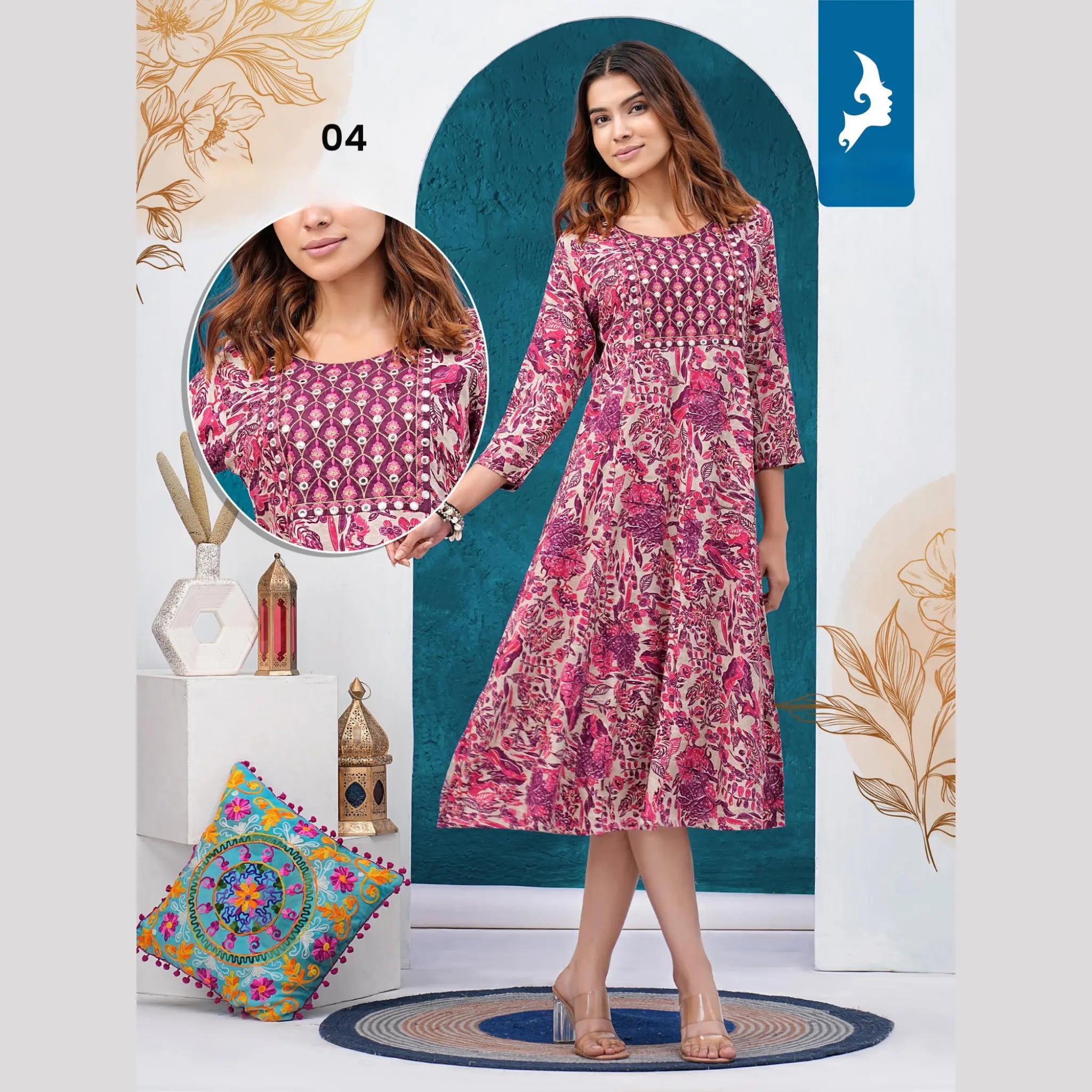 Pink Floral Reuyon Print Umbrella Kurti