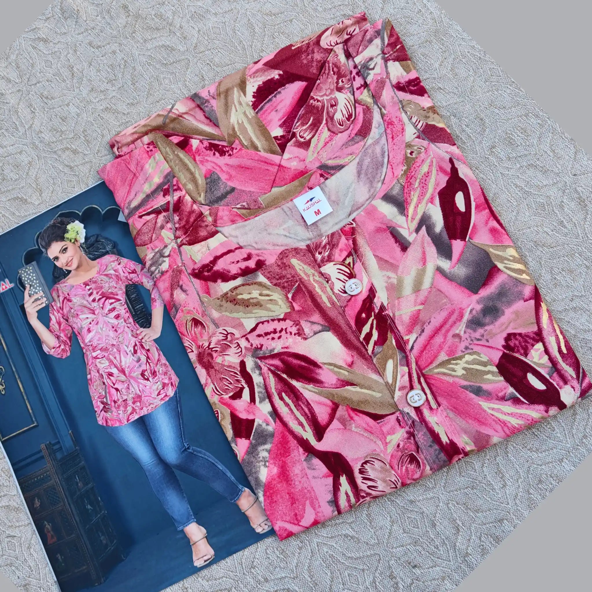 Pink Leaf Printed Rayon Short tops with Fancy Buttons Main image