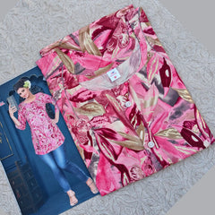 Pink Leaf Printed Rayon Short tops with Fancy Buttons