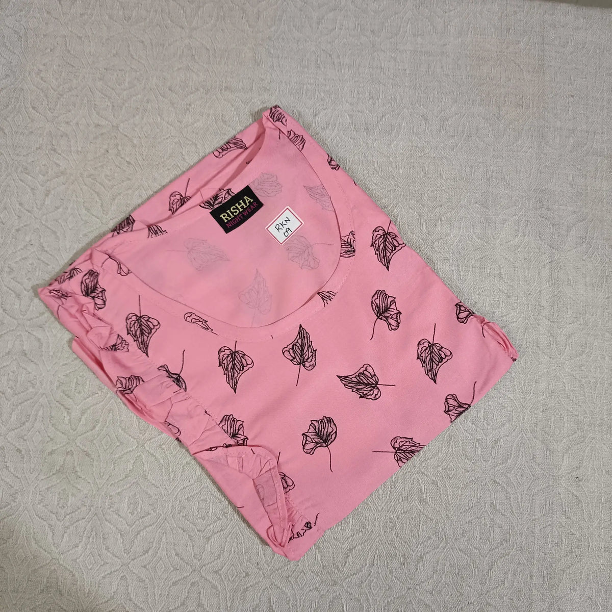 Pink Rose Leaf Printed Rayon Side Frill Nighties Main image
