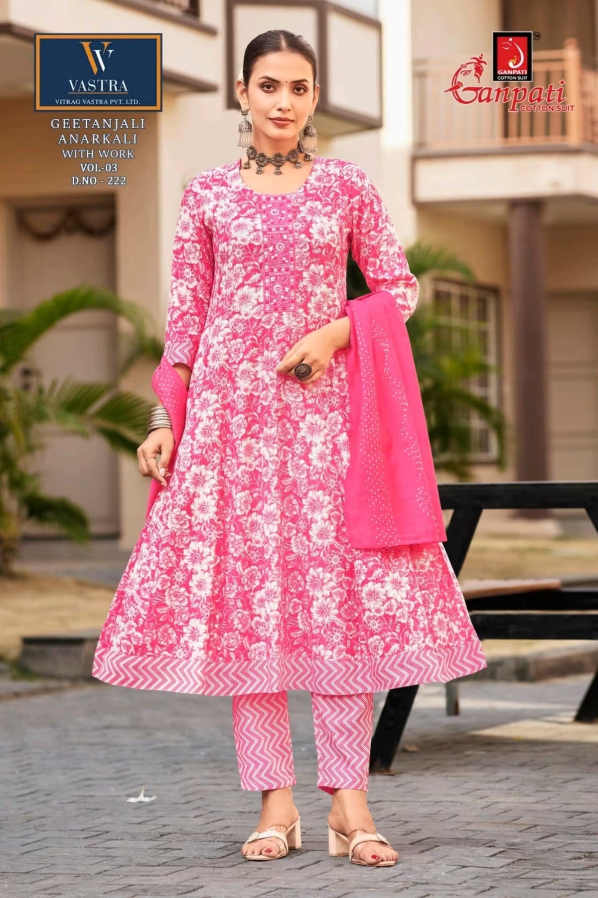 Pink Floral Printed Anarkali Suit with Embroidered Neck & Sequence Work Dupatta - Ganpati Geetanjali - 222 | Bavis Clothing Main image
