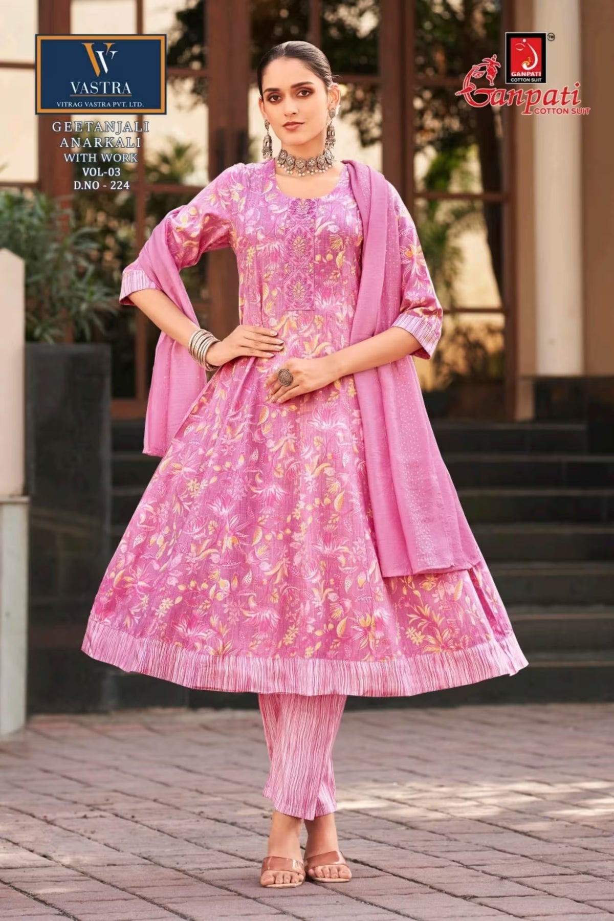Pink Floral Printed Anarkali Suit with Embroidered Neck & Sequence Work Dupatta - Ganpati Geetanjali - 224 | Bavis Clothing