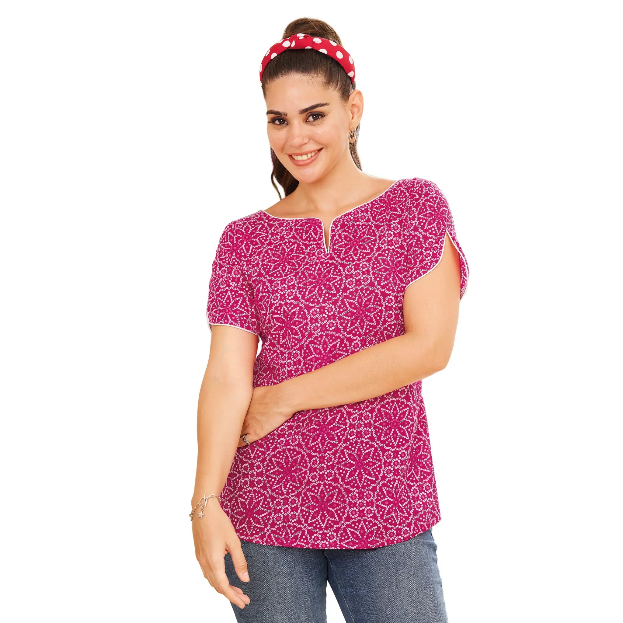 Pinkish Red Bandani Print Cotton Short Tops