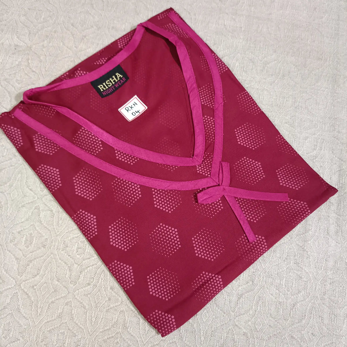 Pinkish Red Geometric Print Fancy Lace Rayon Nighty Main image