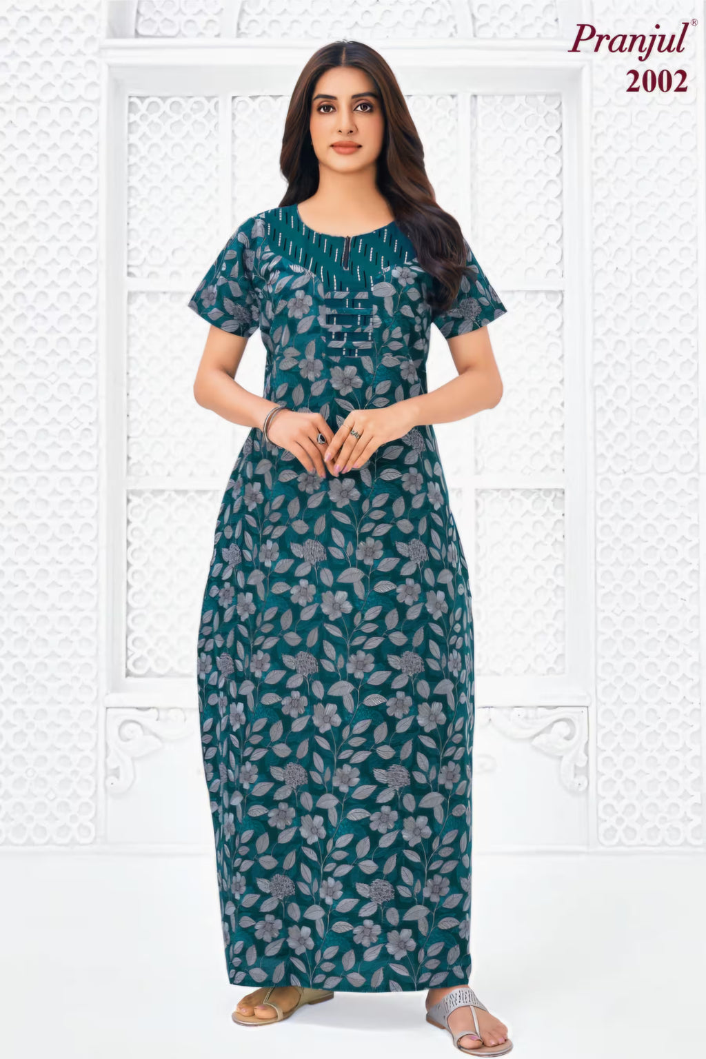 Pranjul 2002 Cotton Nighty for Women | Teal Green Floral | Bavis Clothing
