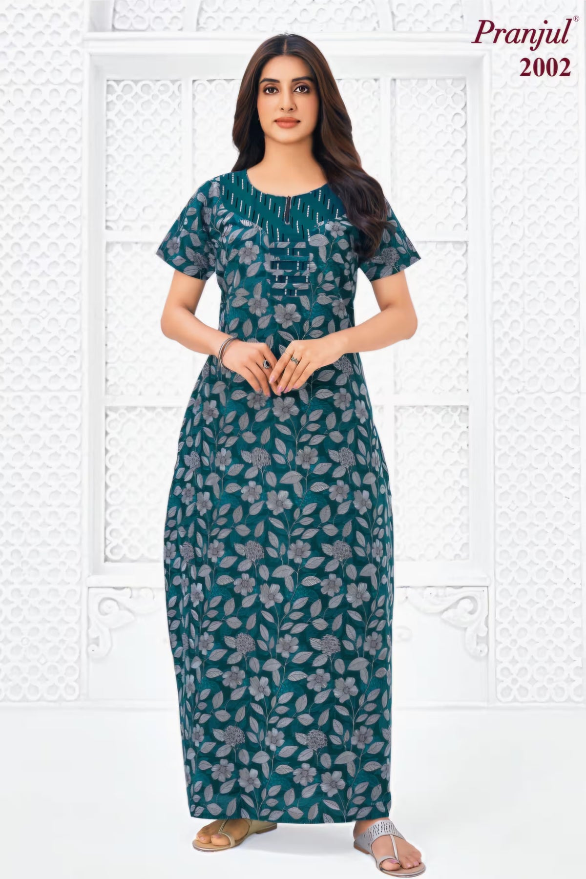 Pranjul 2002 Cotton Nighty for Women | Teal Green Floral | Bavis Clothing
