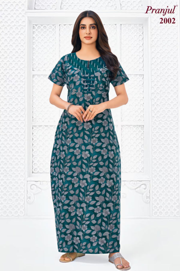 Pranjul 2002 Cotton Nighty for Women | Teal Green Floral | Bavis Clothing