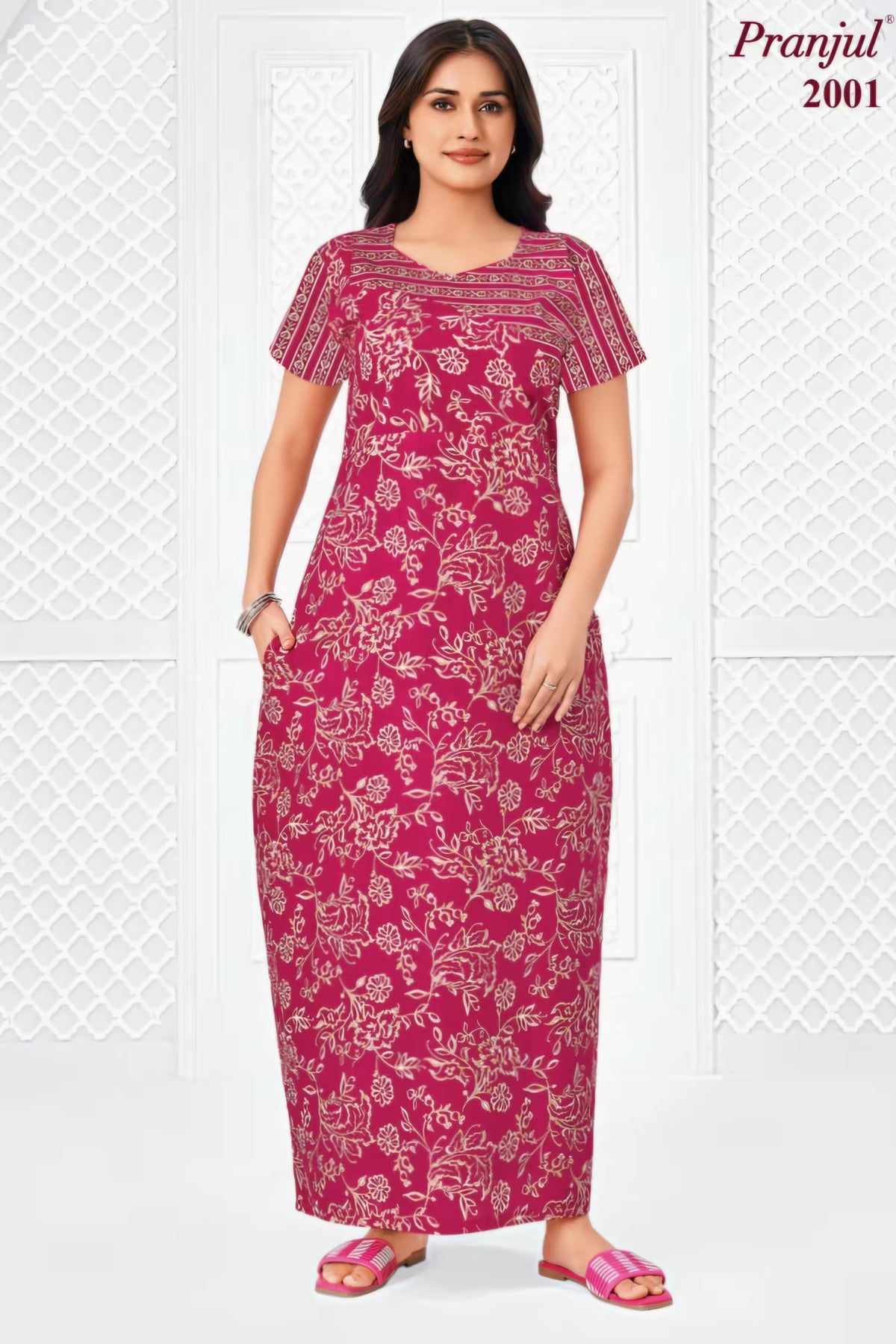 Pranjul 2001 full length floral printed cotton nighty for women | Bavis Clothing Main image