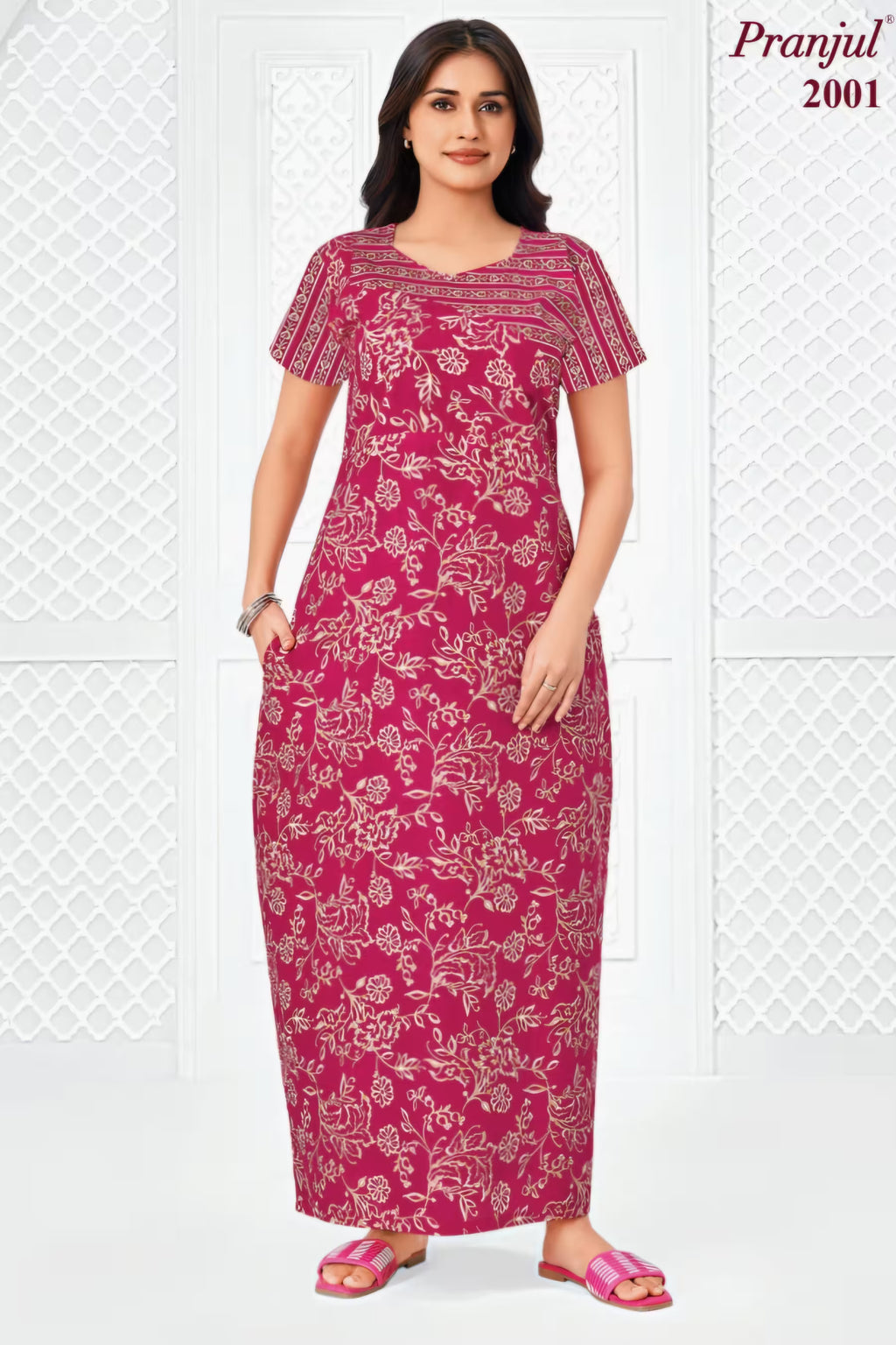 Pranjul 2001 full length floral printed cotton nighty for women | Bavis Clothing