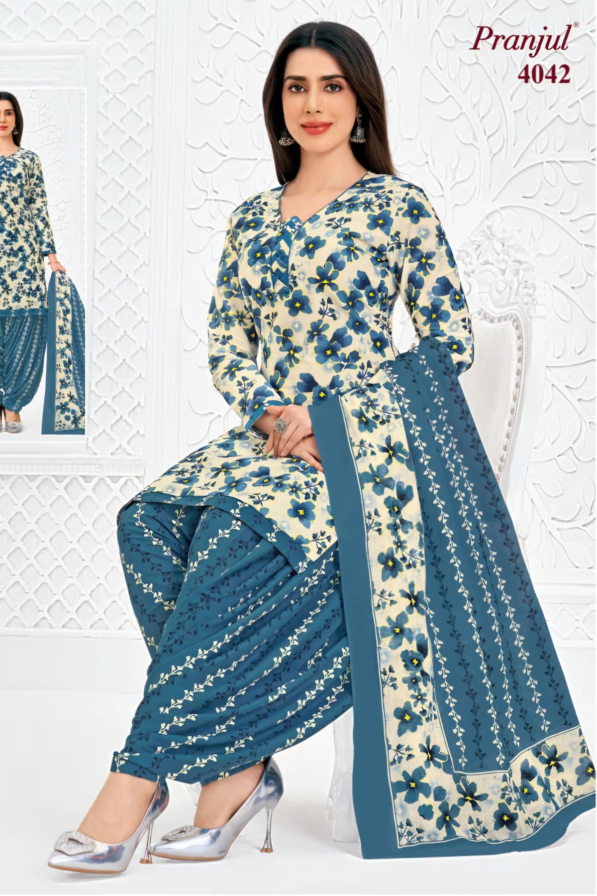 Pranjul - Cotton Printed Readymade Salwar Suit With Patiala Pant and Dupatta - P4042 Main image