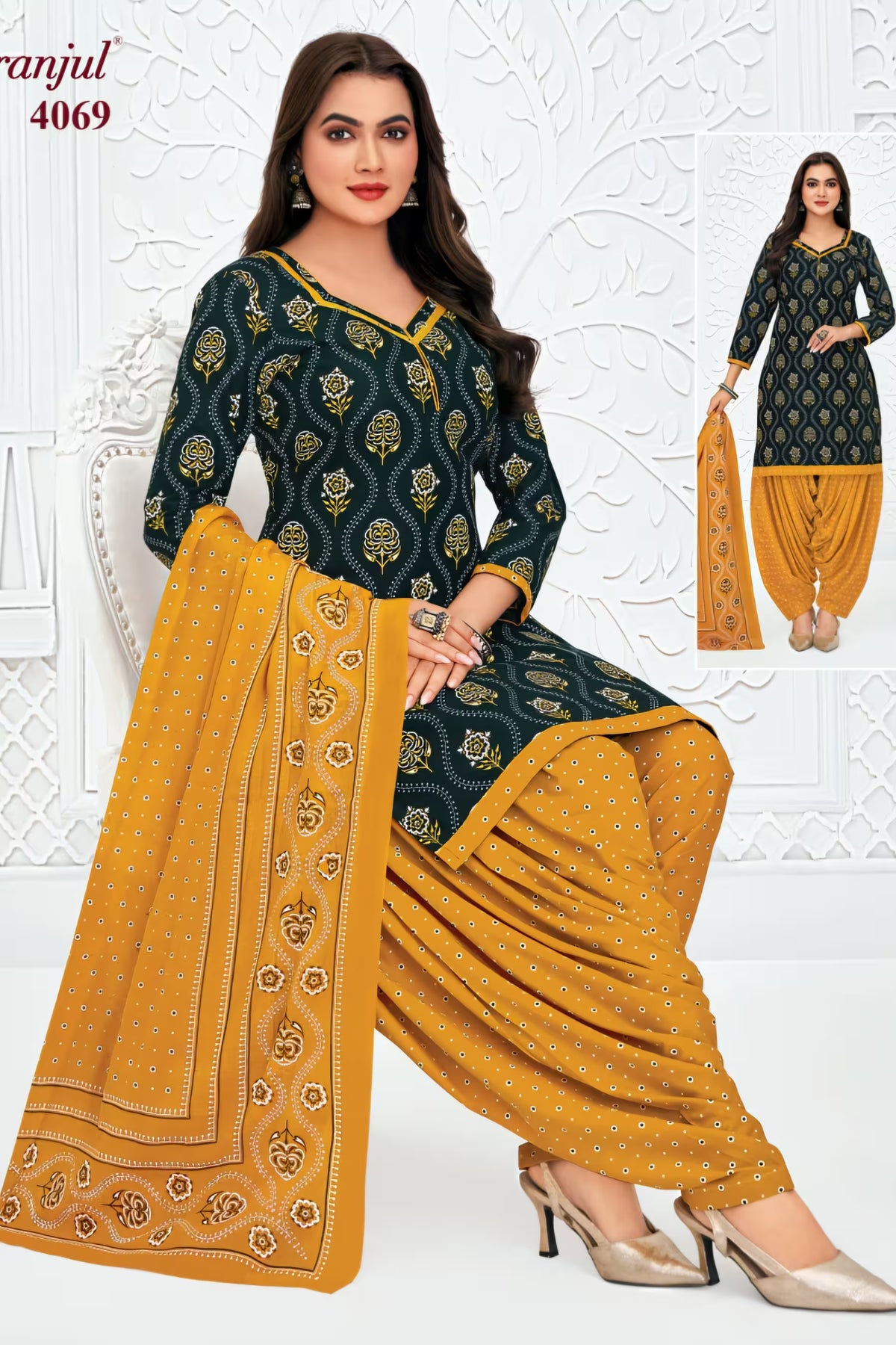Pranjul - Cotton Printed Readymade Salwar Suit With Patiala Pant and Dupatta - P4069 Main image