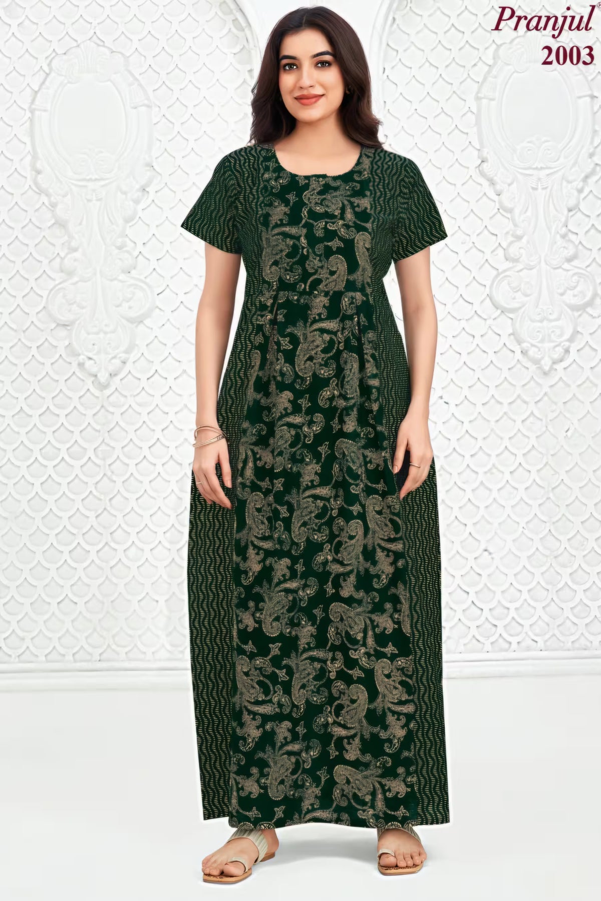 Pranjul 2003 dark green paisley printed cotton nighty for women | Bavis Clothing